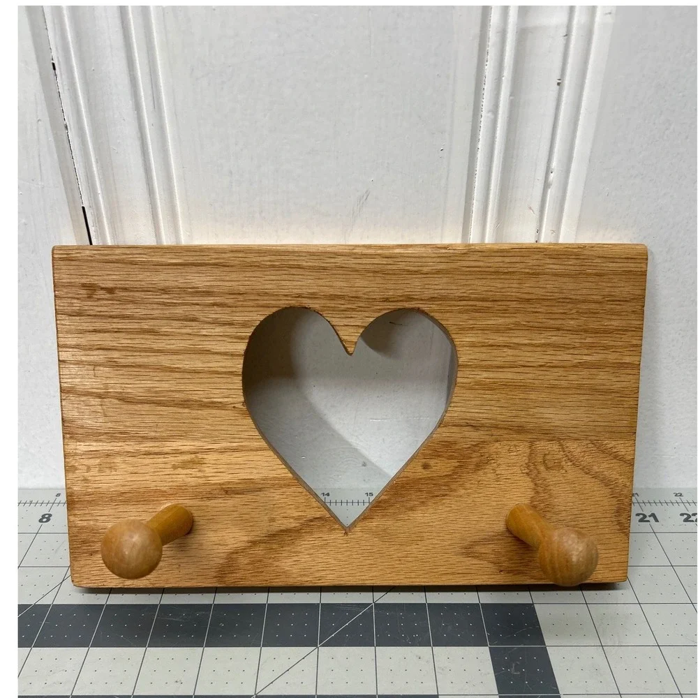 Vtg Handmade Wood Wall Rack Brown Heart Cutout 2-Peg Rustic Oak 1992 Cottagecore